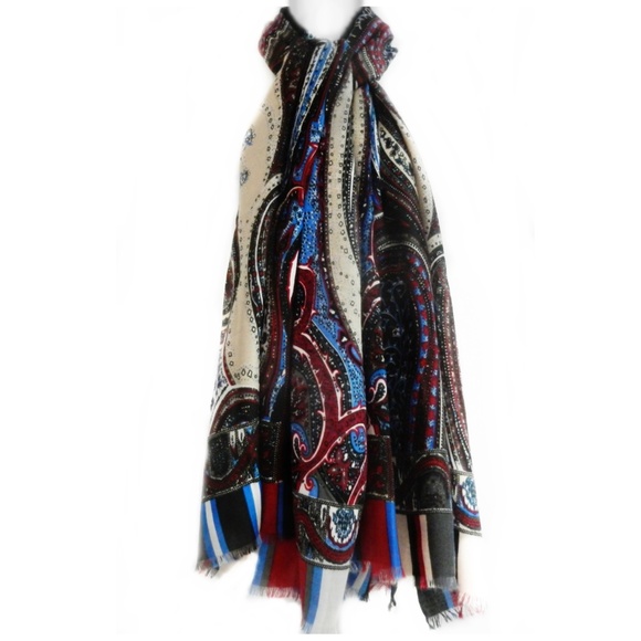 NEW - Scarf Shawl Paisley Blue, Cranberry Tan & Black - Picture 6 of 8